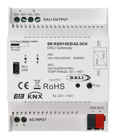 Bramka DALI KNX Plus do systemu KNX DALI2 i  do systemów DALI PRO SR-KNX9100-DA2-2CH Sunricher