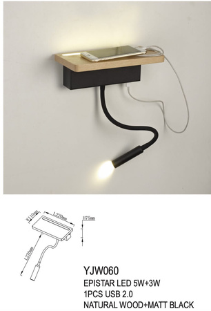 Kinkiet Woodstroy LED 8W + USB 2A ULFN261 Unilight