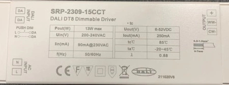 Zasilacz LED 15W  2X250mA  DALI CCT DT8 SRP-2309-15CCT